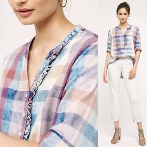 Anthropologie Isabella Sinclair Ruffle Henley Top Womens S Red Motif Plaid Shirt